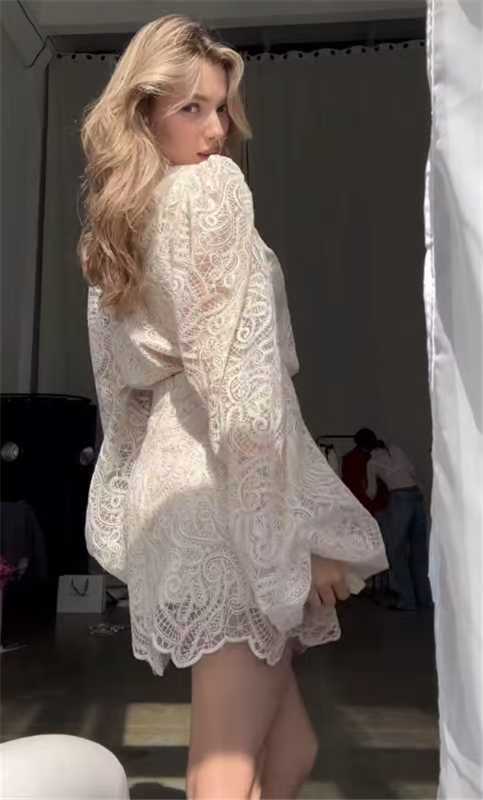 Spring Elegant Lantern Sleeve Lace Skirt Two Piece Set New Arrivals