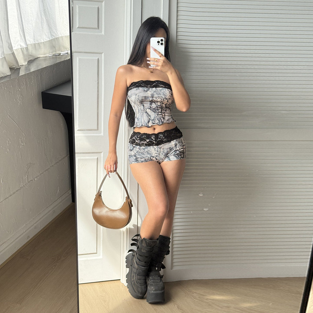 Goth Print Two Piece Lace Bottoms Set