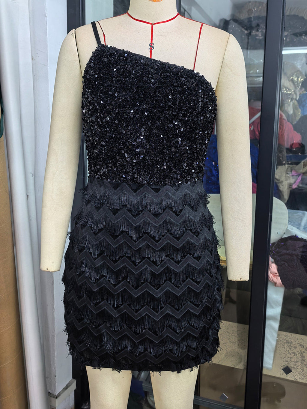Sexy One Shoulder Tassel Sequ Dress