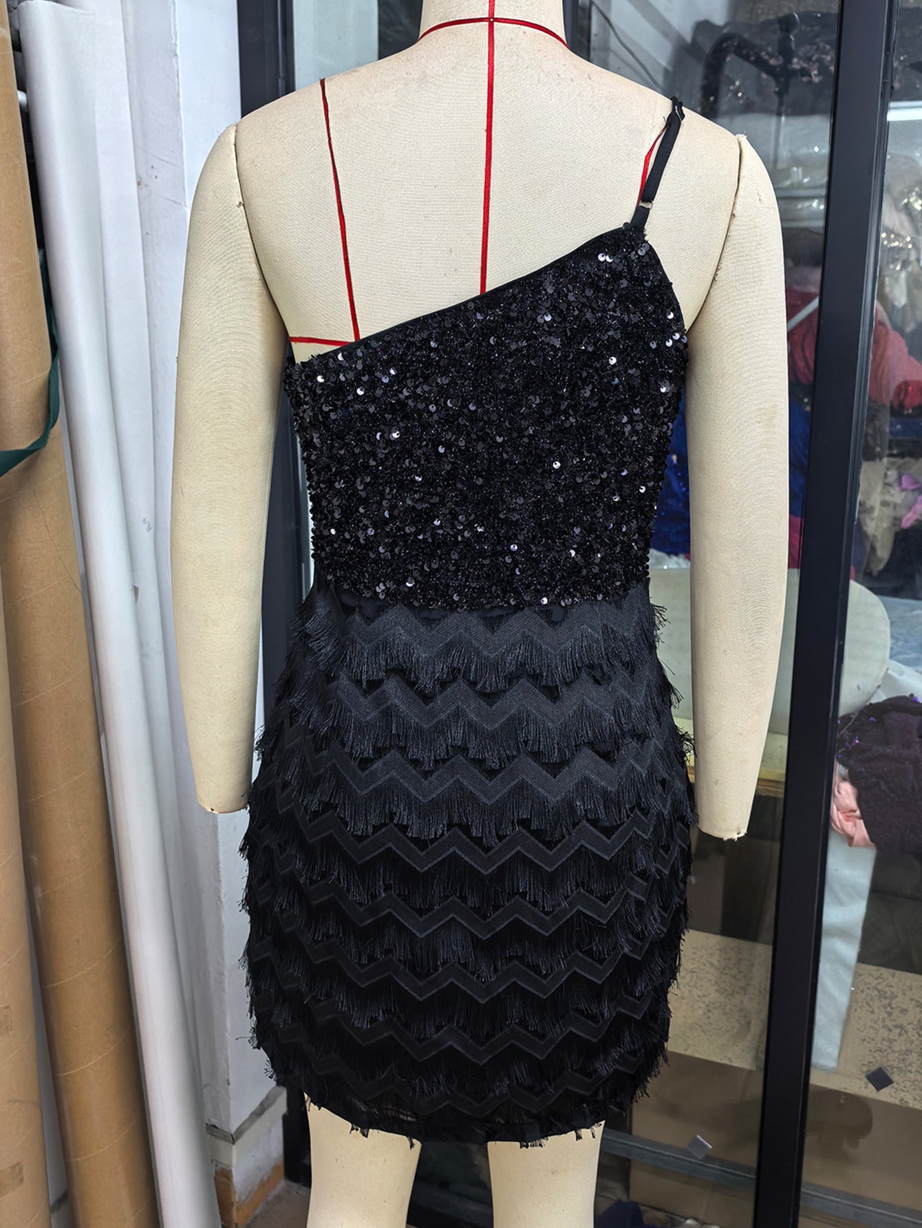 Sexy One Shoulder Tassel Sequ Dress