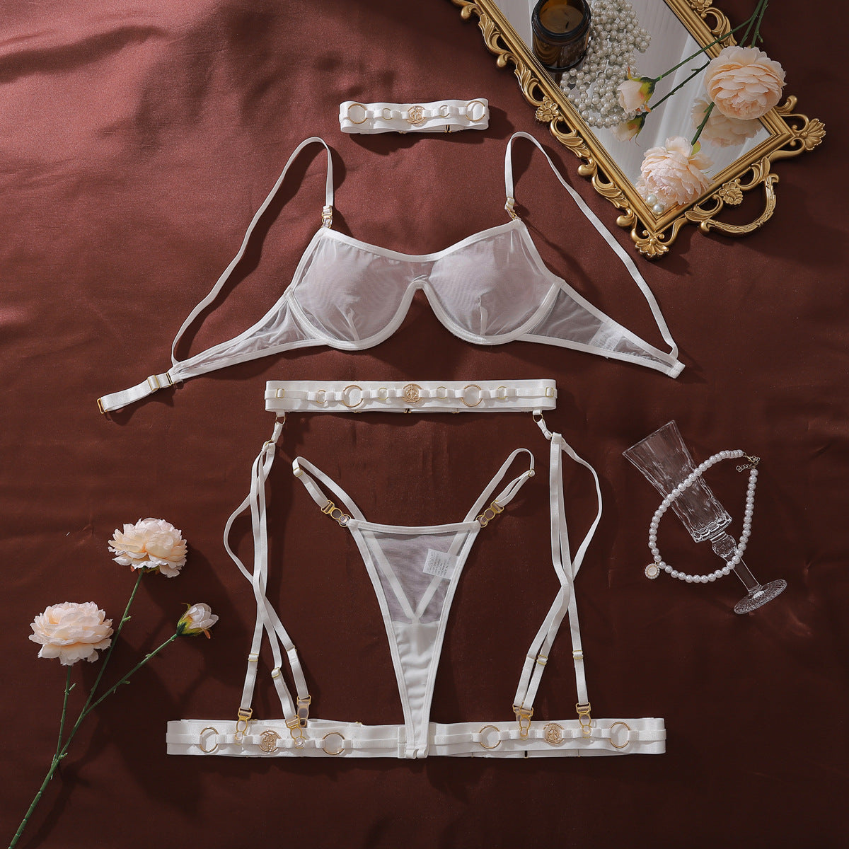 Heavy Craft Metallic Decorative Button Mesh See through Lingerie set MUNSIEUR
