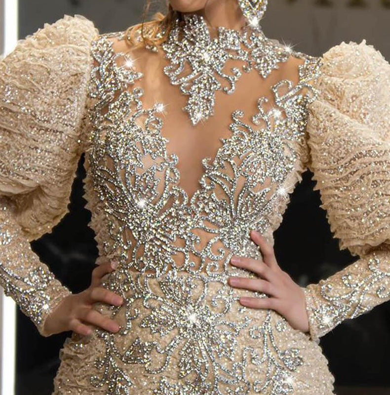 Feather Princess Dress Gold Long Mesh