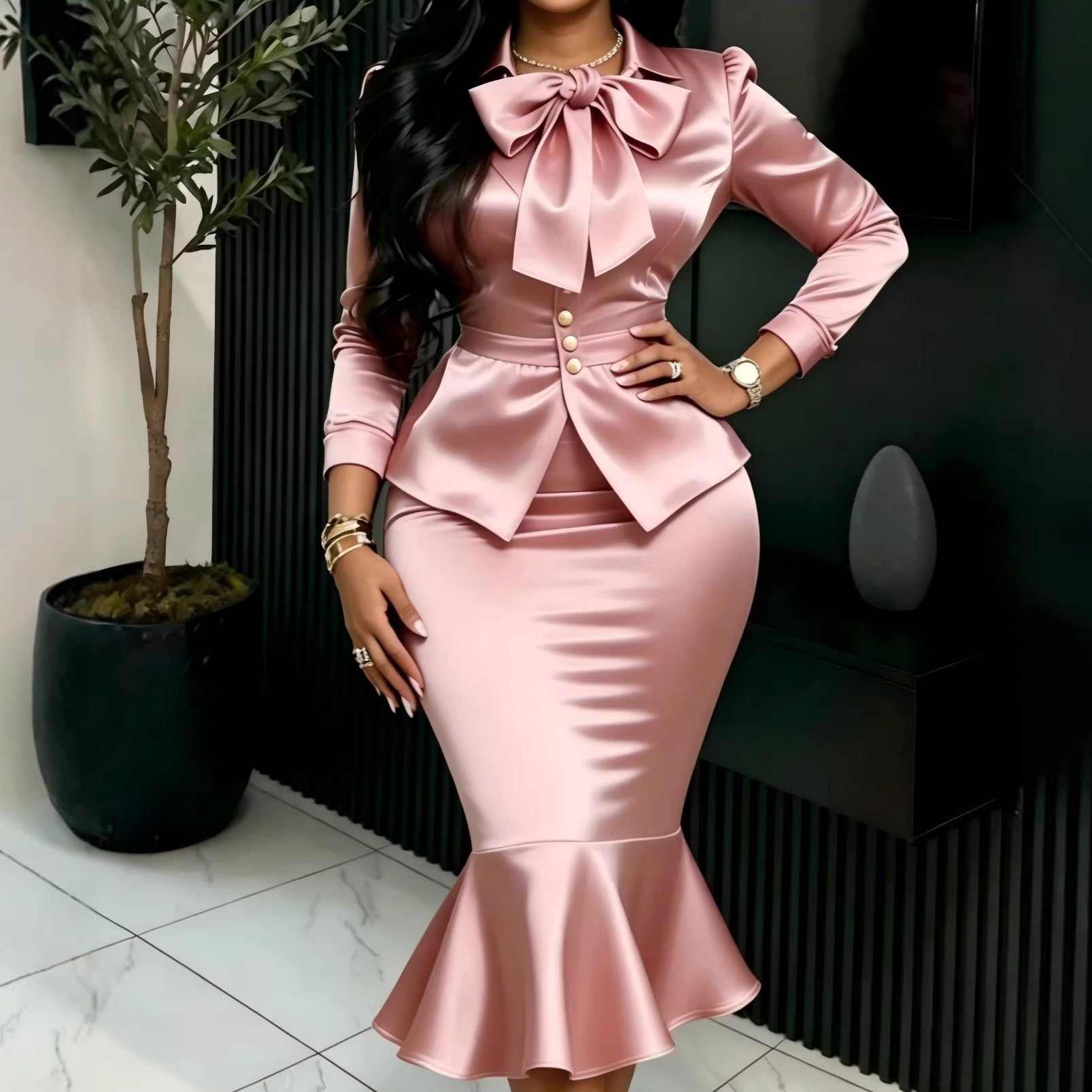 Elegant Satin Skirt Fishtail Two Piece Set MUNSIEUR