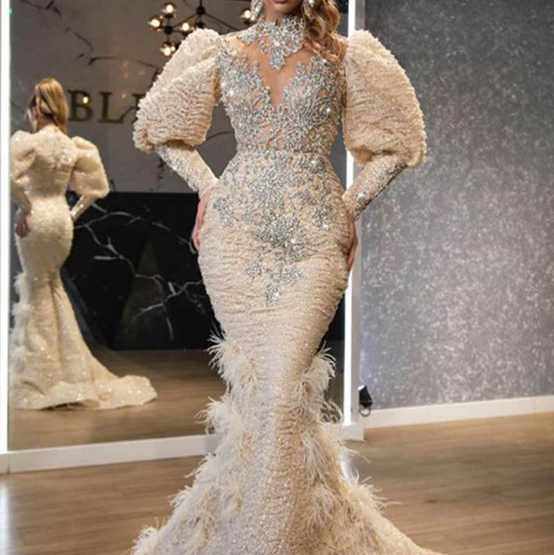 Feather Princess Dress Gold Long Mesh