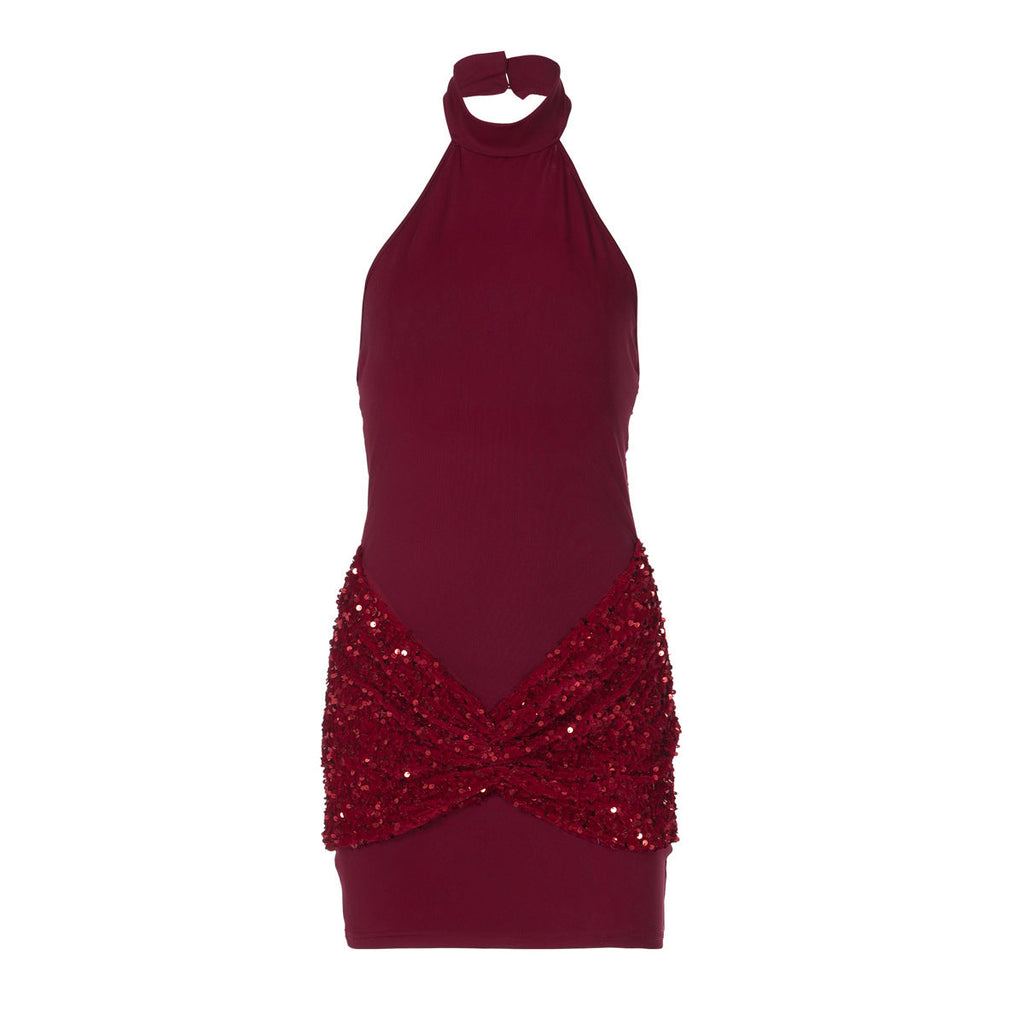 Women's Sequin Stitching Halter Backless Slim Fit Sheath Dress