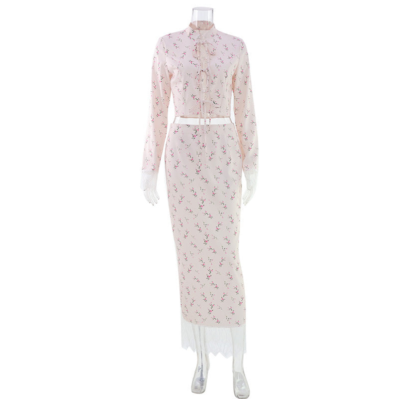 Elegant Long Sleeve Floral Mid Length Skirt Set