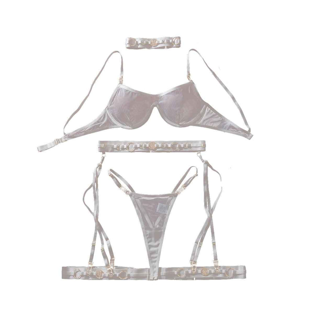 Heavy Craft Metallic Decorative Button Mesh See through Lingerie set MUNSIEUR