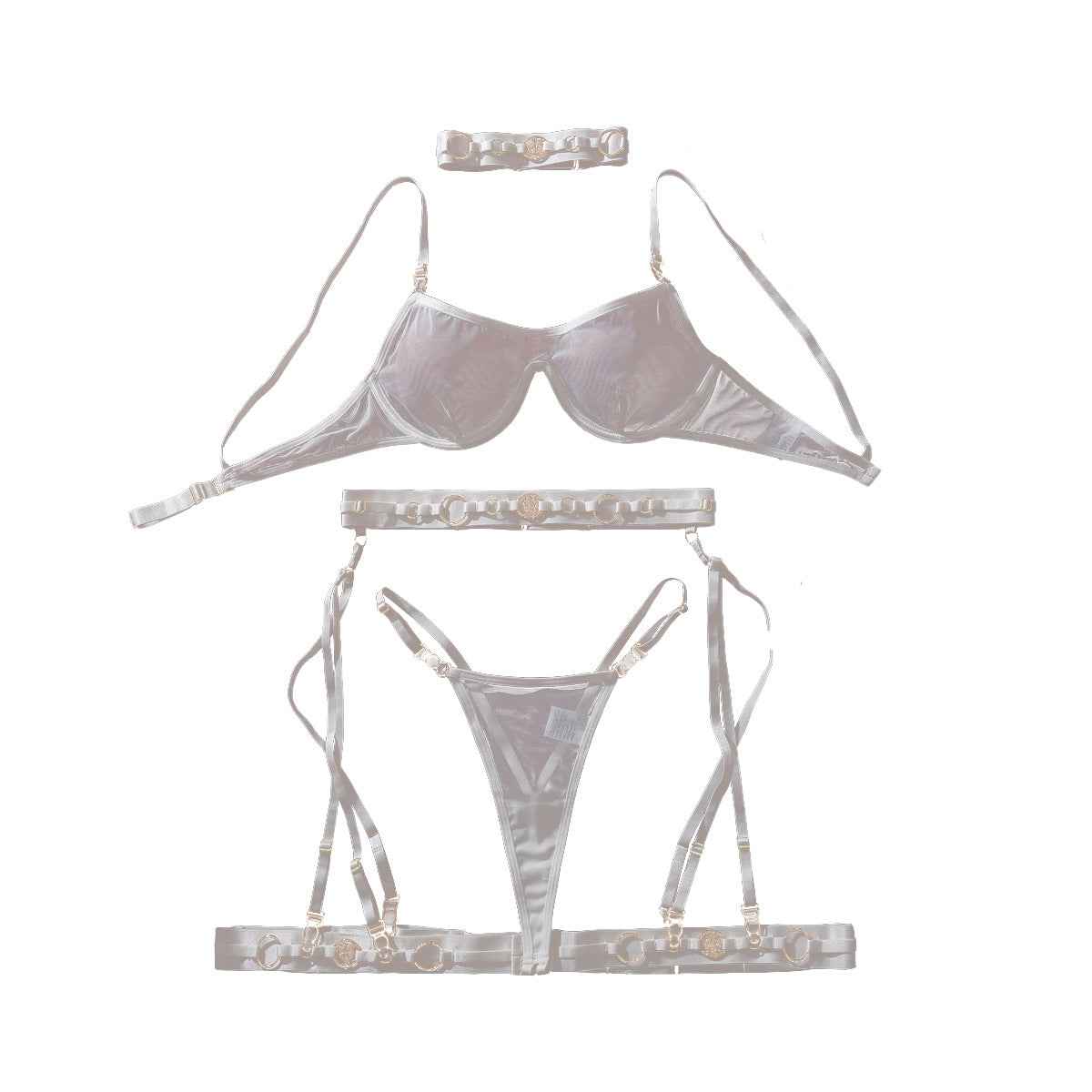 Heavy Craft Metallic Decorative Button Mesh See through Lingerie set MUNSIEUR