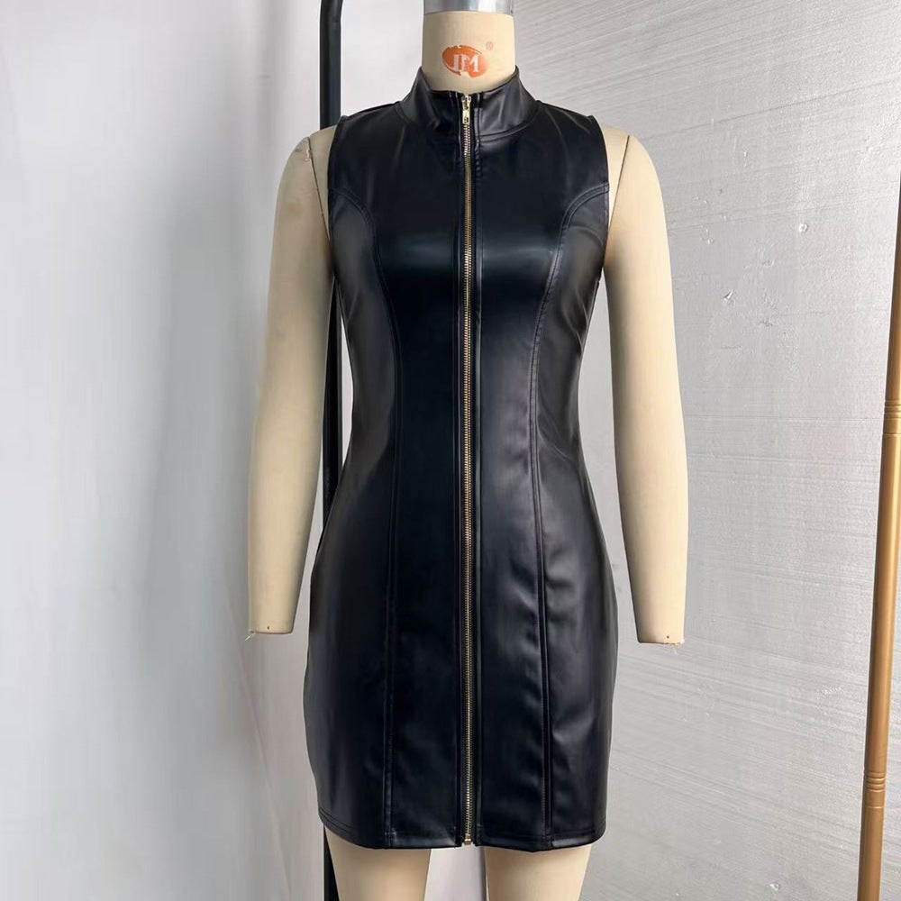 Faux Leather Sleeveless Sheath Slim Fit Slimming Dress