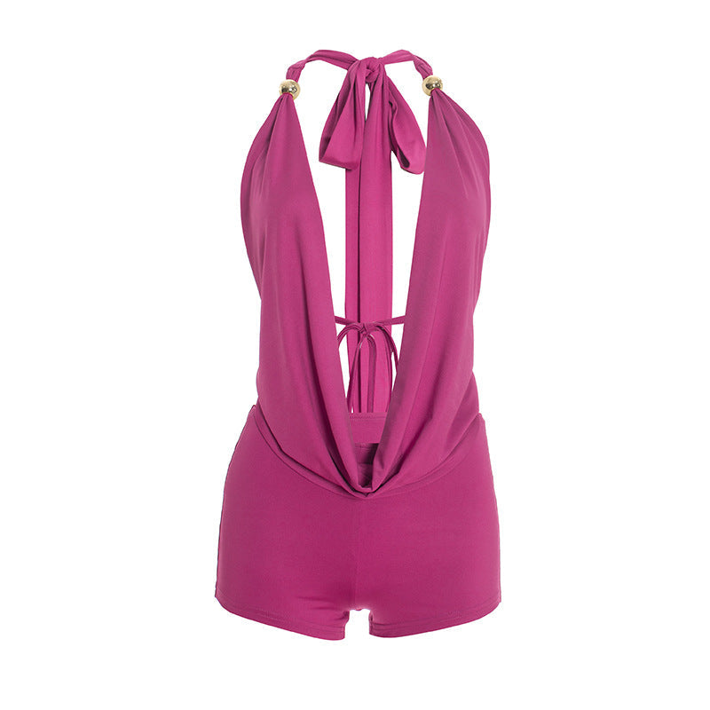 Halter Backless Lace up Sleeveless Two Piece Bottoms Set